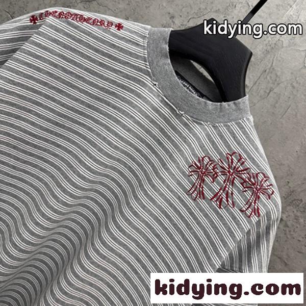 CHROME HEARTS クロムハーツ 2026新作 メンズ ボーダー 半袖Tシャツ クロス刺繍 オーバーサイズ ヴィンテージ風 高街系-2
