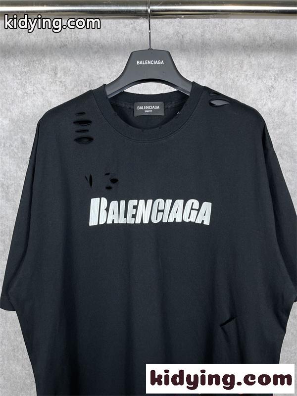 バレンシアガ コピー Balenciaga 651795 半袖Tシャツ ブラック ダメージ加工 ロゴプリント オーバーサイズ クラッシュデザイン ストリート系 メンズ-5