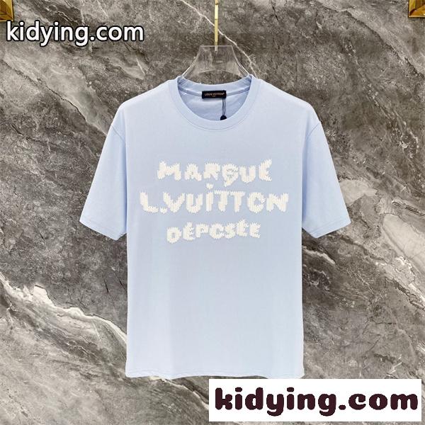 ライトブルー 半袖Tシャツ Louis Vuitton フロント英字ロゴ ルイヴィトン コピー ふわふわ文字プリント クルーネック-0