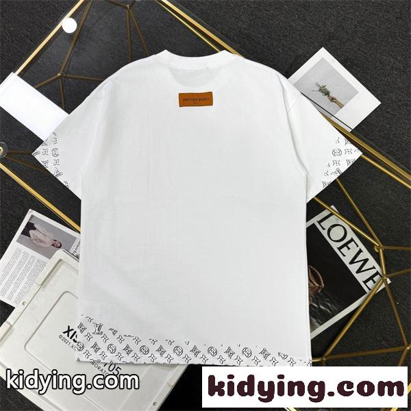 ホワイト 半袖Tシャツ Louis Vuitton センターロゴ ルイヴィトン コピー モノグラム柄LV刺繍風 クルーネック 裾袖ロゴプリント-2