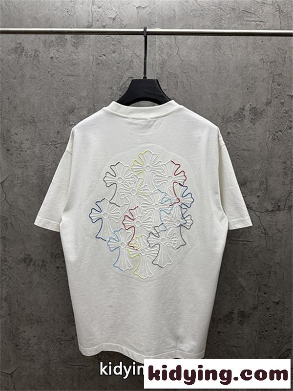 ブラック 半袖Tシャツ Chrome Hearts クロムハーツ コピー マルチカラークロス刺繍風 胸元ワンポイント クルーネック ゆったりシルエット-7