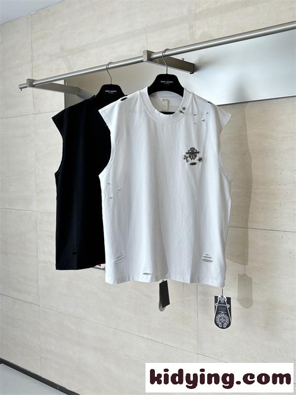クロムハーツ メンズ ノースリーブTシャツ ブラック ホワイト 刺繍ロゴ入り Chrome Hearts コピー ノースリーブTシャツ カジュアル トップス-3