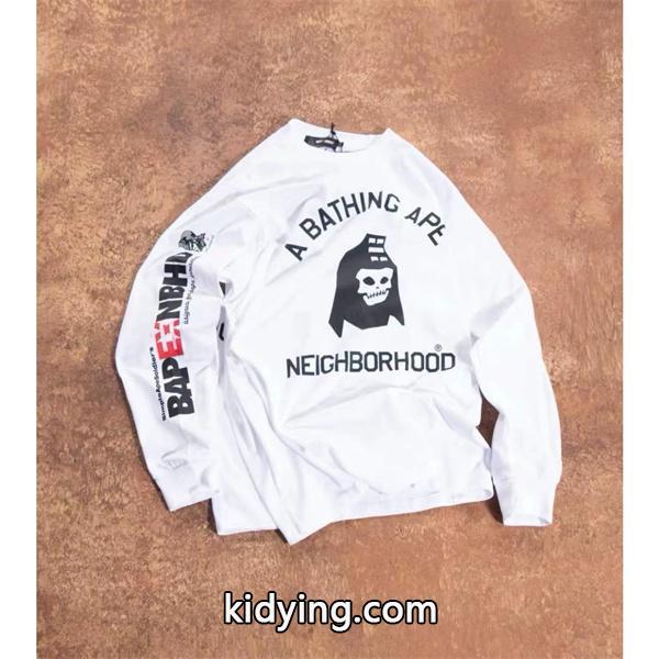 ベイプ BAPE コピー 秋冬 高品質 ホワイト ネイバーフッド コラボ スカル猿人头 長袖 T シャツ-2