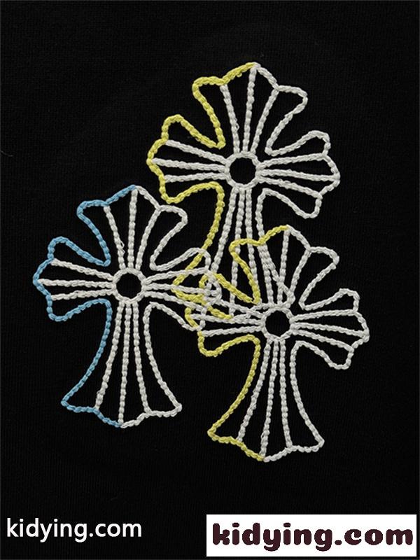 ブラック 半袖Tシャツ Chrome Hearts クロムハーツ コピー マルチカラークロス刺繍風 胸元ワンポイント クルーネック ゆったりシルエット-5