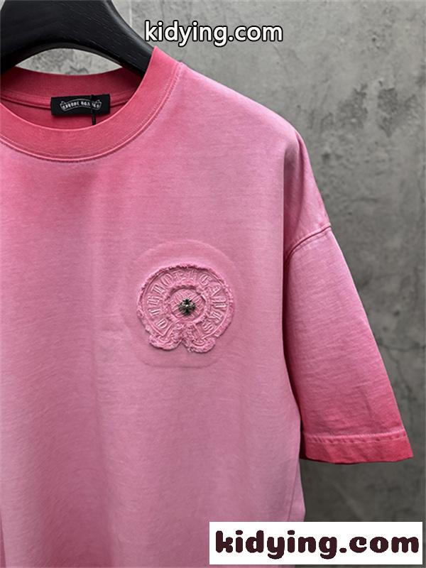 ピンク 半袖カットソー Chrome Hearts クロムハーツ コピー トーンロゴ ワンポイント刺繍風 ウォッシュ加工 丸首 カジュアルトップス-10