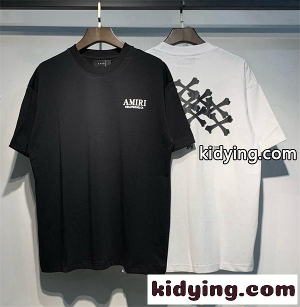 アミリ AMIRI コピー BONES STACKED Tシャツ メンズ 半袖 骨プリント ストリート ブラック ロゴT オーバーサイズ-1