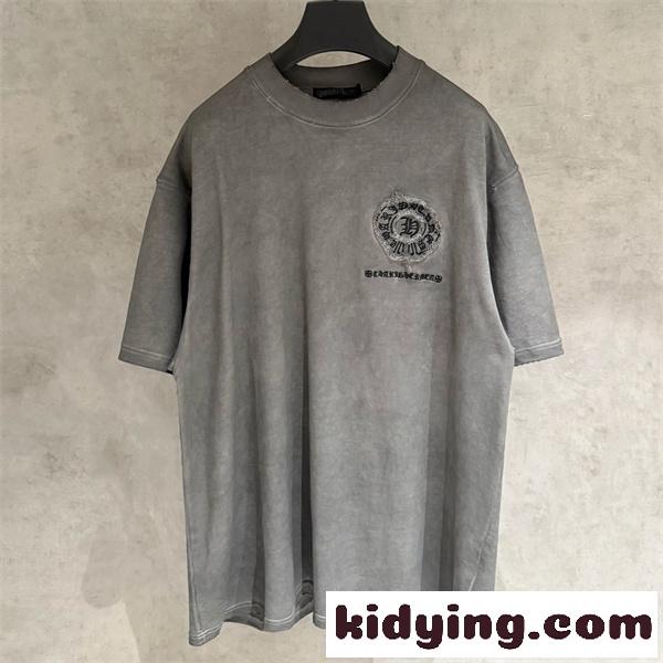 ウォッシュグレー 半袖Tシャツ Chrome Hearts 胸元ロゴプリント クロムハーツ コピー ヴィンテージ加工 クルーネック-0