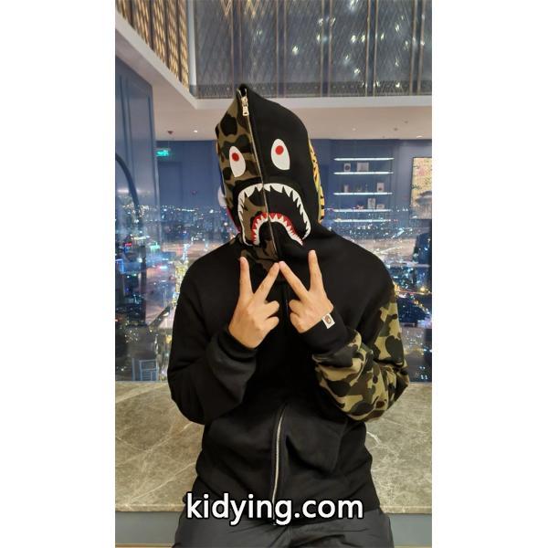 BAPE コピー 秋冬 個性 トレンディ ブラック × カモフラージュ シャーク 連帽 ジップアップ ベイプ-1