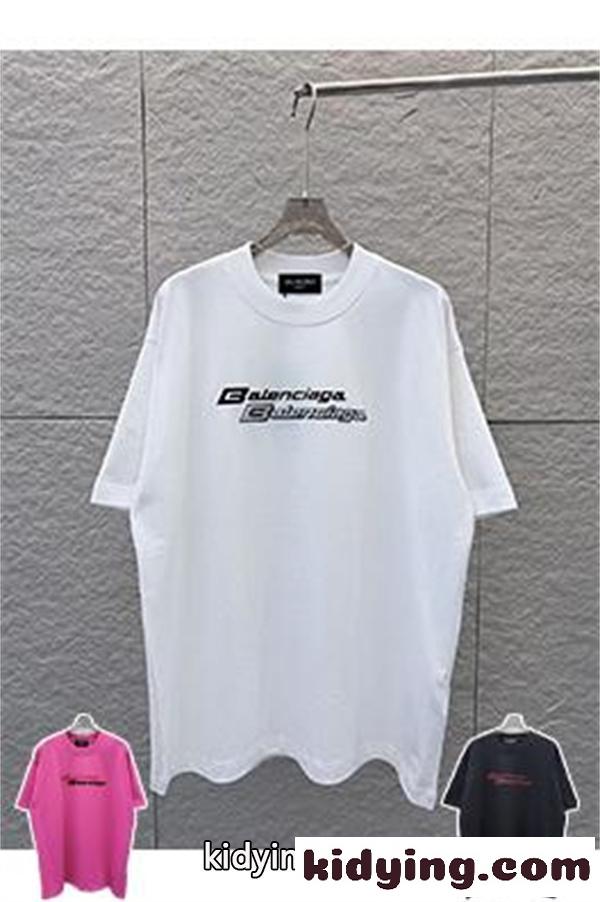 ビビッドピンク 半袖Tシャツ BALENCIAGA バレンシアガ コピー ダブルロゴプリント クルーネック ゆったりシルエット メンズカジュアル-1