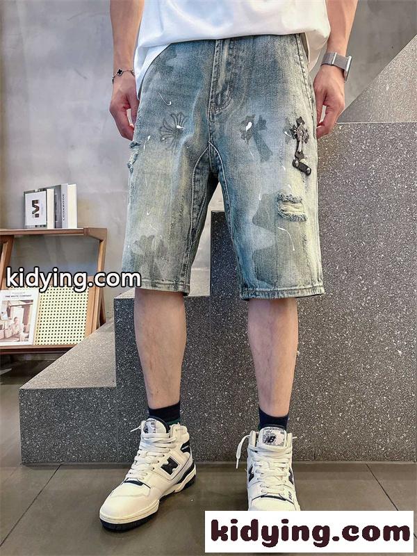 ラックデニム ショートパンツ Chrome Hearts クロスパッチ装飾 クロムハーツ コピー カットオフ裾 レッドホワイト ワイドポケット-4