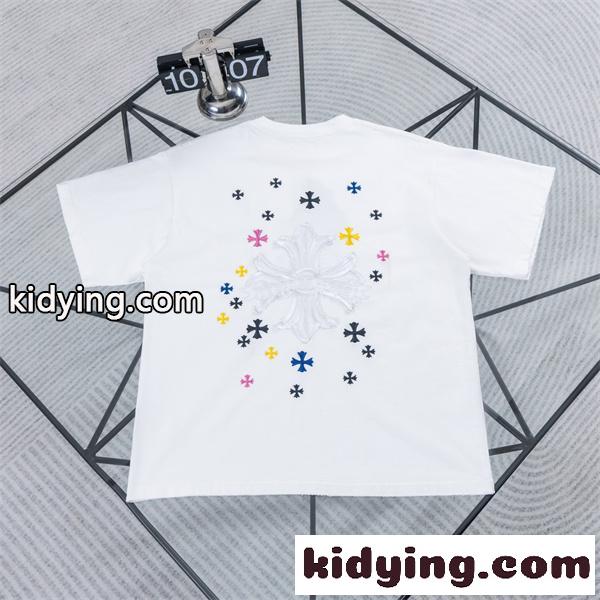 ホワイト 半袖Tシャツ Chrome Hearts クロムハーツ コピー 淡色フローラルクロス刺繍風 マルチカラー小クロス クルーネック ボックスシルエット-5