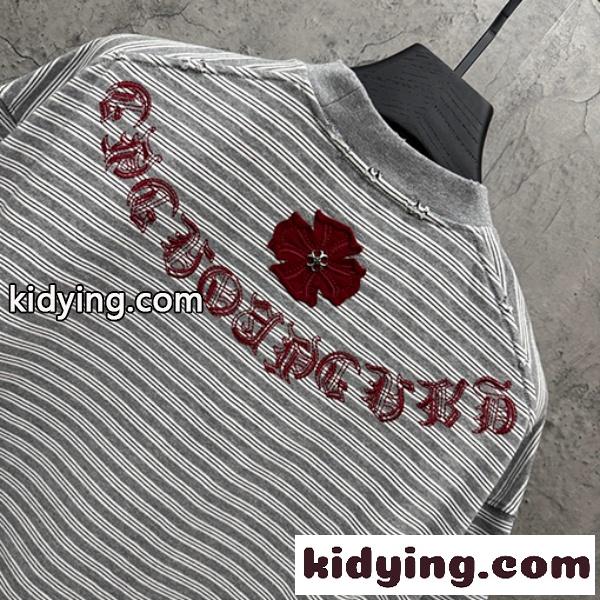 CHROME HEARTS クロムハーツ 2026新作 メンズ ボーダー 半袖Tシャツ クロス刺繍 オーバーサイズ ヴィンテージ風 高街系-3