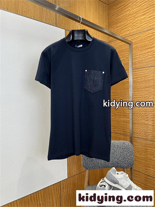 ネイビー 半袖Tシャツ MONCLER モンクレール コピー デニム胸ポケット 袖ワッペン クルーネック シンプルカジュアル-4