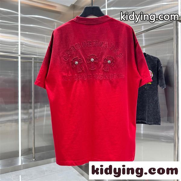 半袖Tシャツ 赤色 クロムハーツ コピー 刺繍デザイン バックロゴ クロス装飾 Chrome Hearts 高級感 モードカジュアル-1