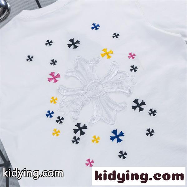 ホワイト 半袖Tシャツ Chrome Hearts クロムハーツ コピー 淡色フローラルクロス刺繍風 マルチカラー小クロス クルーネック ボックスシルエット-3