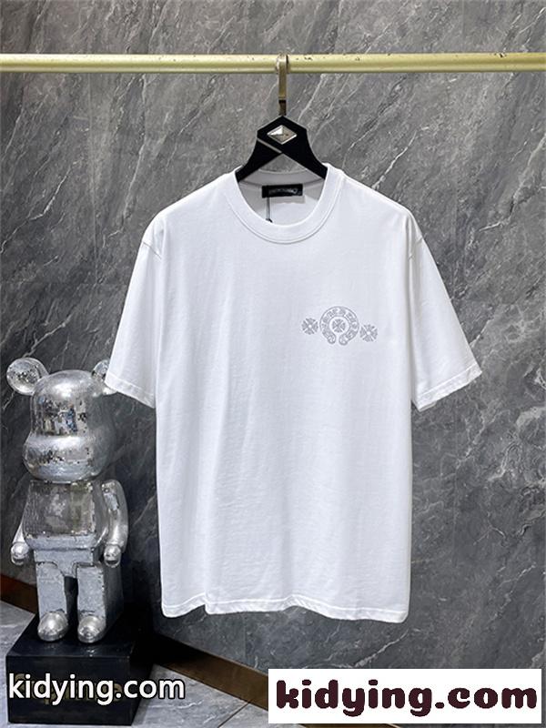 ホワイト 半袖Tシャツ Chrome Hearts クロムハーツ コピー 胸元サークルロゴ クルーネック シンプルカジュアル-3