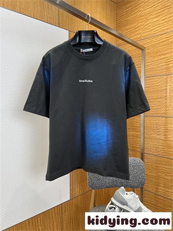 チャコールブラック 半袖Tシャツ Acne Studios 胸元ミニロゴ アクネストゥディオズ コピー クルーネック ゆったりシルエット-4