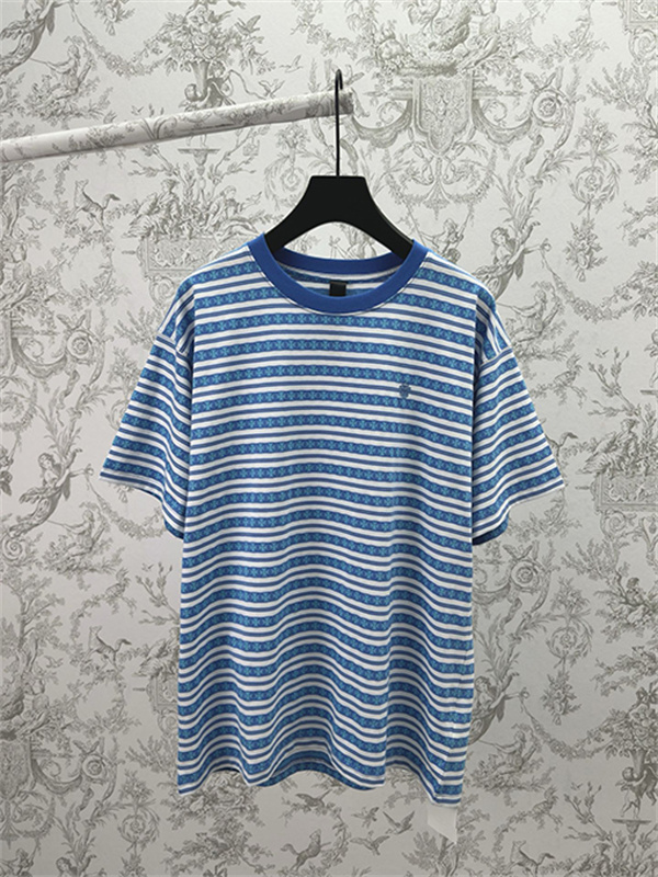 ブルー ホワイト ボーダー半袖Tシャツ クルーネック 細ピッチライン ゆったりシルエット カジュアルトップス-5