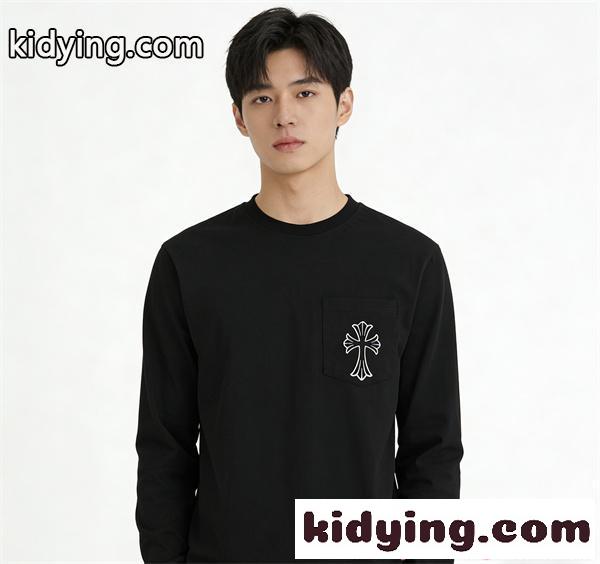 CHROME HEARTS シンプル ブラック クロムハーツ スーパーコピー 長袖Tシャツ 胸元ポケット 背面プリント-2