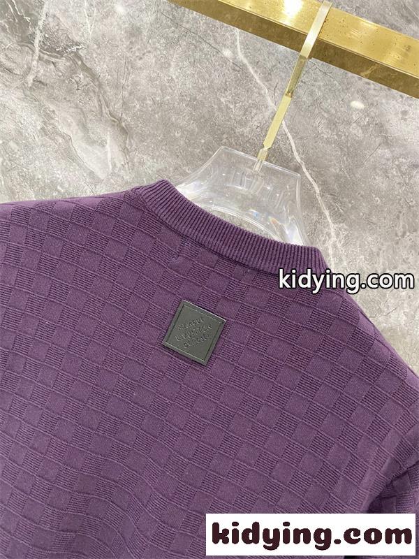 パープル 半袖ニットTシャツ Louis Vuitton ダミエ調編み柄 ルイヴィトン コピー 胸元ロゴ刺繍 クルーネック リブ襟-6