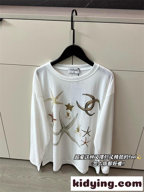 CHANEL 激安 ホワイト ロングスリーブ シャネル 海モチーフ キラキラ ビジューデザイン 偽物-7