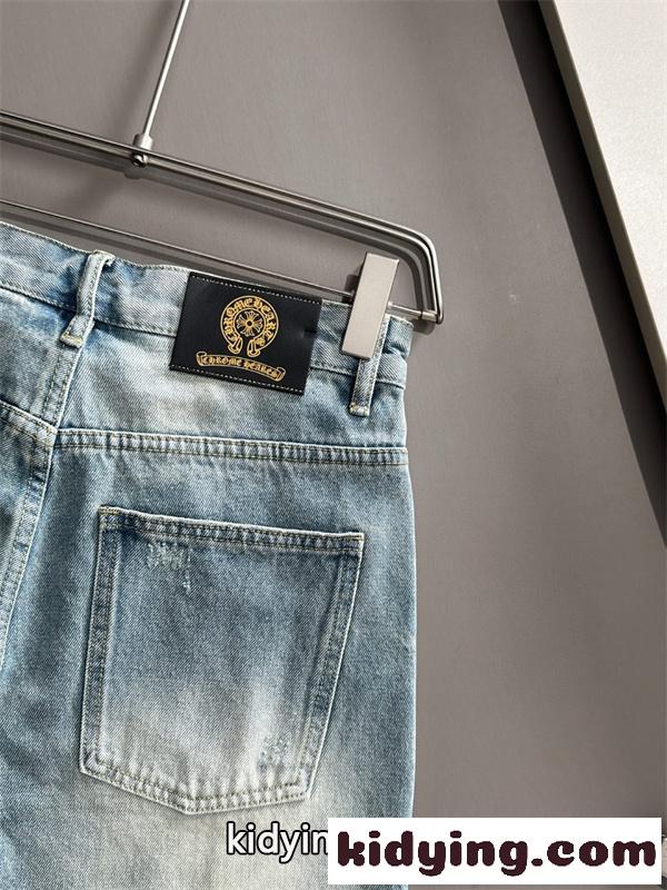 ライトブルー デニムショーツ Chrome Hearts クロムハーツ コピー マルチカラーロゴ クロスプリント ウォッシュ加工 ハーフパンツ-4