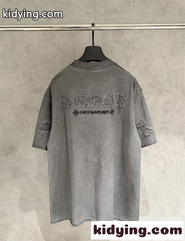 ウォッシュグレー 半袖Tシャツ Chrome Hearts 胸元ロゴプリント クロムハーツ コピー ヴィンテージ加工 クルーネック-1