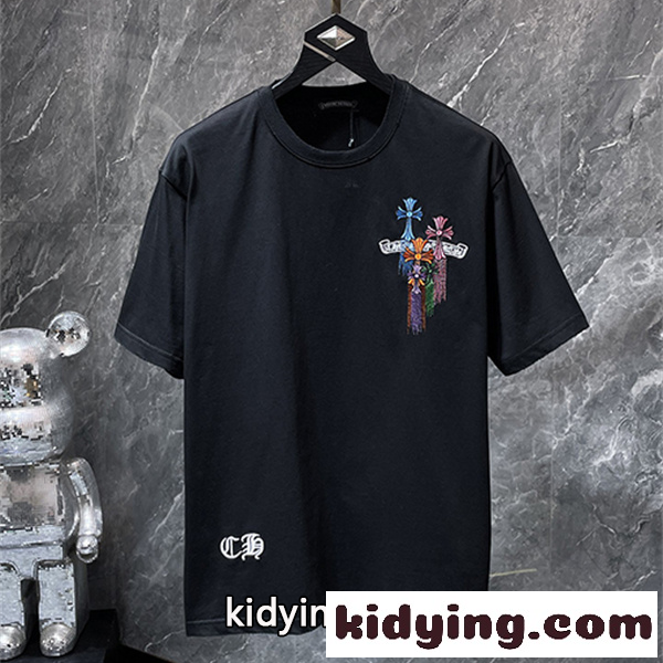 ホワイト 半袖Tシャツ Chrome Hearts クロムハーツ コピー マルチカラークロスロゴ バックデザイン 丸首 リラックスフィット ブラック-0