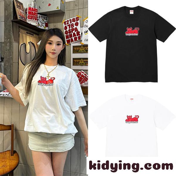 ブラック 半袖Tシャツ Supreme デビルロゴ シュプリーム コピー クルーネック ストリートトップス-1