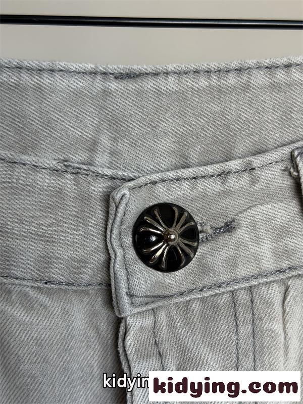 ライトグレー ストレートデニムパンツ Chrome Hearts クロムハーツ コピー クロスパッチ装飾 ウォッシュ加工 5ポケット ジーンズ-3
