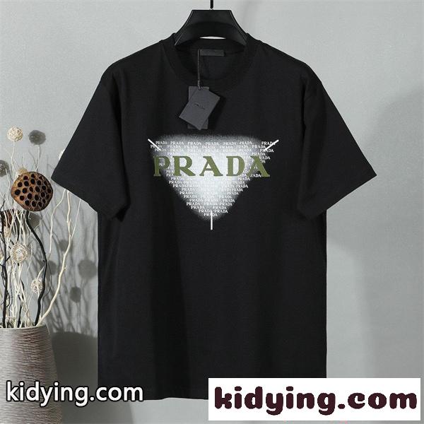 シンプル半袖 PRADA コピー Ｔシャツ ホワイト ブルー配色 プラダ 上品 カジュアル 夏コーデ 爽やか 夏向け 軽やか-0