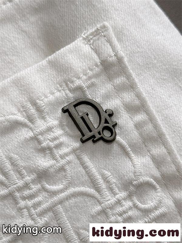ディオール コピー デニムパンツ ロング丈 ホワイト ブラック 立体刺繍 ポケット 金属ロゴ装飾 細身シルエット-3