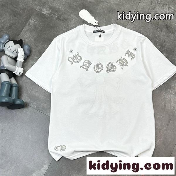 クロムハーツ コピー 半袖 Tシャツ メンズ ワイドフィット 刺繍デザイン クロスモチーフ ゴシック文字 バックプリント フロントロゴ オーバーサイズ カジュアル ストリート ホワイト 春夏-0