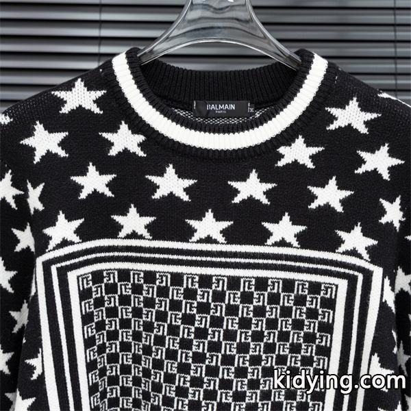 BALMAIN コピー 秋冬デザイン ブラック × ホワイト 星柄 × 幾何ロゴ ニットセーター バルマン-2