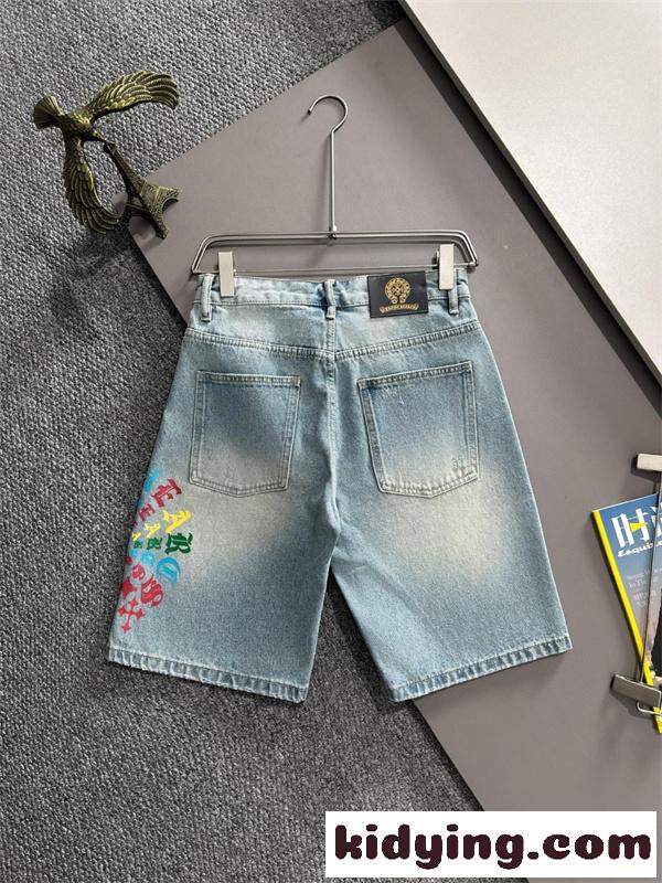 ライトブルー デニムショーツ Chrome Hearts クロムハーツ コピー マルチカラーロゴ クロスプリント ウォッシュ加工 ハーフパンツ-8