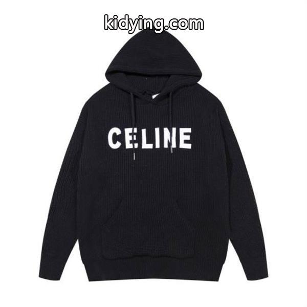 上品でモダンな印象の セリーヌ CELINE コピー 2025秋冬新作 ブラック ロゴ刺繍 ニット フーディ-0