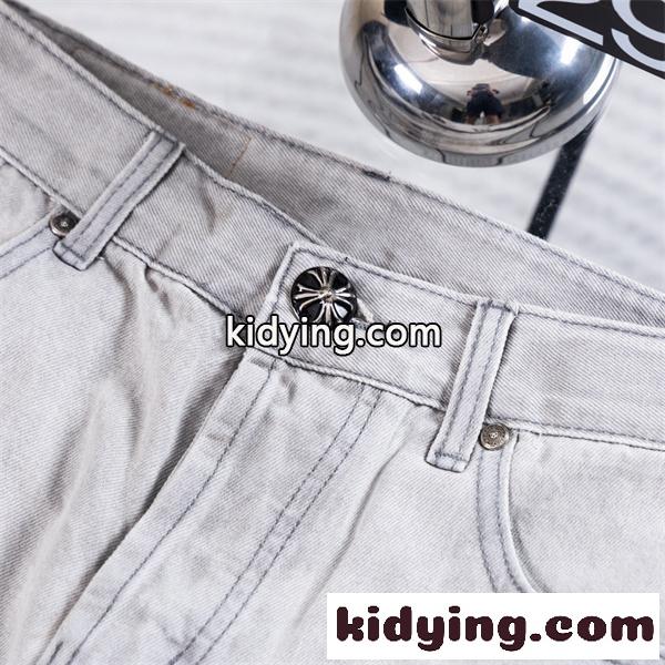 ライトグレー デニムパンツ Chrome Hearts クロムハーツ コピー クロス刺繍パッチ ウォッシュ加工 ストレートシルエット 5ポケットジーンズ-4