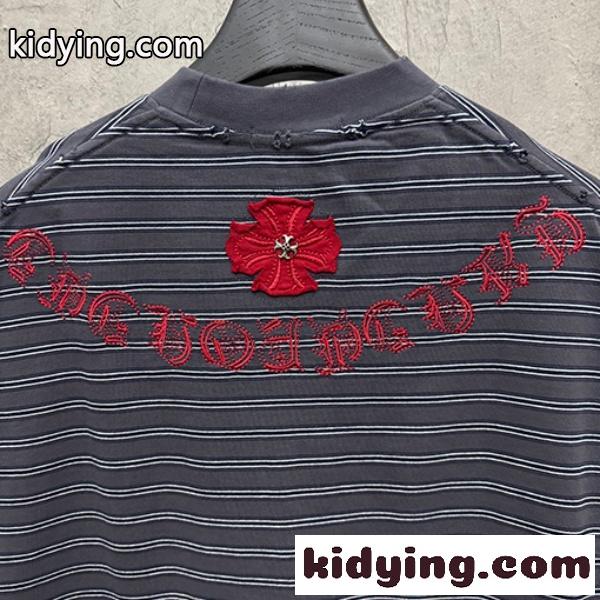 CHROME HEARTS クロムハーツ 2026新作 メンズ ボーダー 半袖Tシャツ クロス刺繍 オーバーサイズ ヴィンテージ風 高街系-8