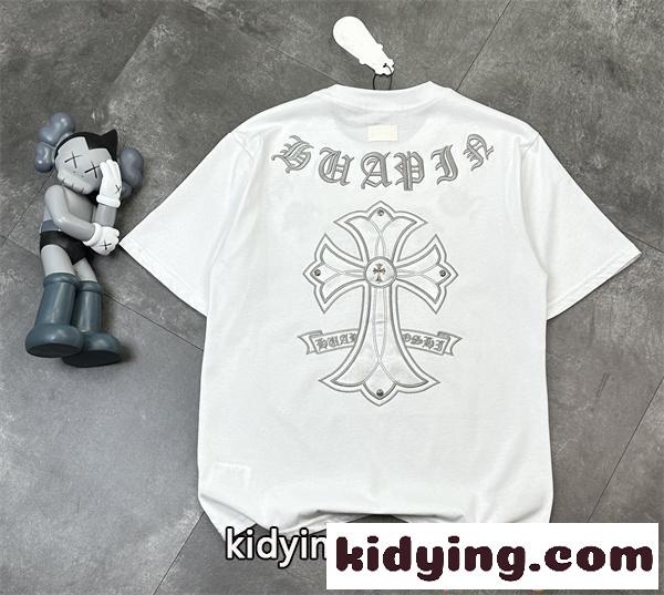 クロムハーツ コピー 半袖 Tシャツ メンズ ワイドフィット 刺繍デザイン クロスモチーフ ゴシック文字 バックプリント フロントロゴ オーバーサイズ カジュアル ストリート ホワイト 春夏-1