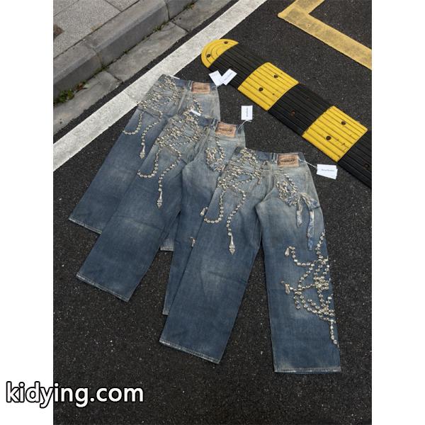 Acne Studios 激安 1981 水晶リボン トロンプルイユ 3Dデジタルプリント デニム 低腰 ワイド ユニセックス ジーンズ-6