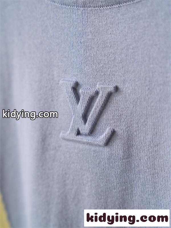 撞色ニット ルイ・ヴィトン スーパーコピー 半袖Tシャツ 立体LVロゴ 浮き彫りデザイン グレー ブルー クリーム 夏 上品 Louis Vuitton-4
