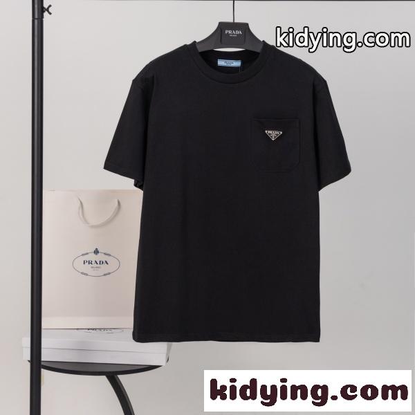 PRADA プラダ メンズ 半袖Tシャツ ポケット付き 三角ロゴ 無地 コットン ミニマル 上品 定番 快適-0