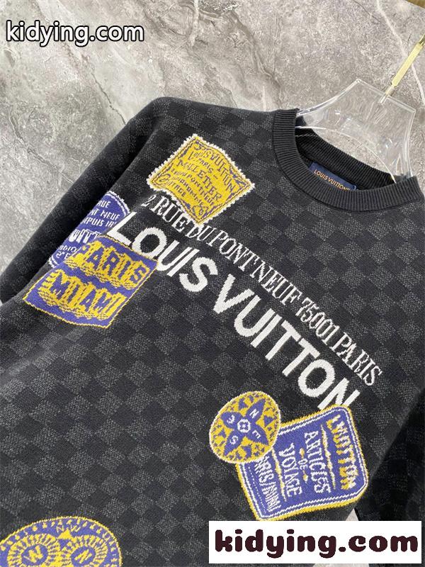 ブラック 半袖ニットTシャツ Louis Vuitton ダミエ調総柄 ルイヴィトン コピー マルチパッチ刺繍 クルーネック ロゴデザイン-3