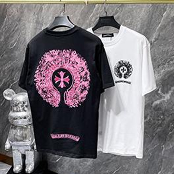 ブラック 半袖Tシャツ Chrome Hearts クロムハーツ コピー ピンクバックサークルロゴ クルーネック クロスモチーフ ストリートトップス-0
