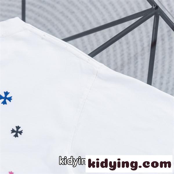 ホワイト 半袖Tシャツ Chrome Hearts クロムハーツ コピー 淡色フローラルクロス刺繍風 マルチカラー小クロス クルーネック ボックスシルエット-4