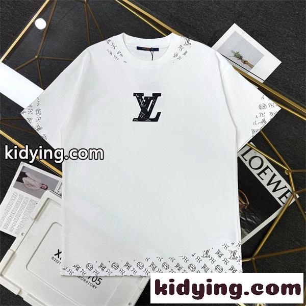 ホワイト 半袖Tシャツ Louis Vuitton センターロゴ ルイヴィトン コピー モノグラム柄LV刺繍風 クルーネック 裾袖ロゴプリント-1