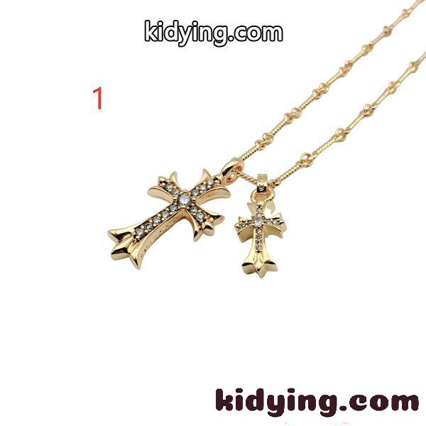 ネックレス クロムハーツ コピー ダブルクロス ゴールドカラー ジルコニア装飾 チェーン付き ペンダント Chrome Hearts-0