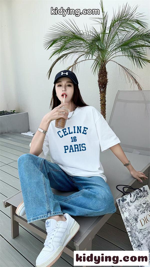 注目 ホワイト カレッジロゴ カジュアル 爽やか 半袖Tシャツ CELINE セリーヌ コピー-1