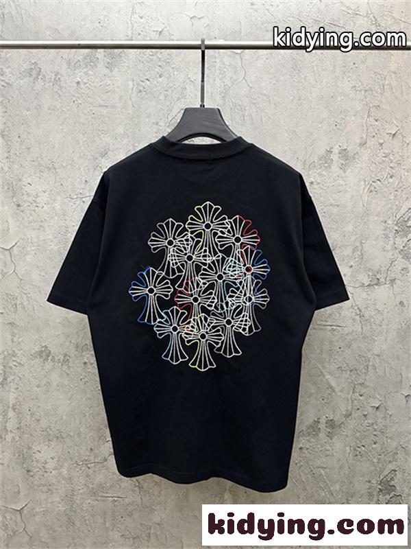 ブラック 半袖Tシャツ Chrome Hearts クロムハーツ コピー マルチカラークロス刺繍風 胸元ワンポイント クルーネック ゆったりシルエット-2