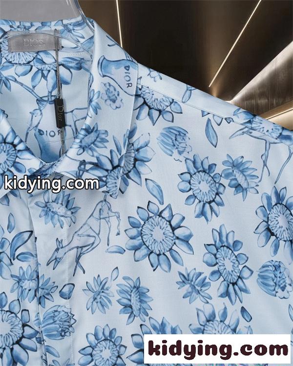 DIOR 総柄 半袖 スーパーコピー シャツ フラワーモチーフ ブルー ホワイト メンズ リゾート カジュアル 夏 ファッション 定番-6